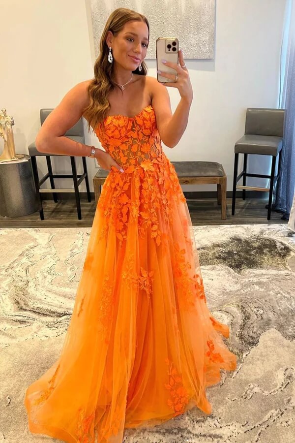 Tulle Sweetheart Neck Lace Appliques Prom Dresses, Party Dress