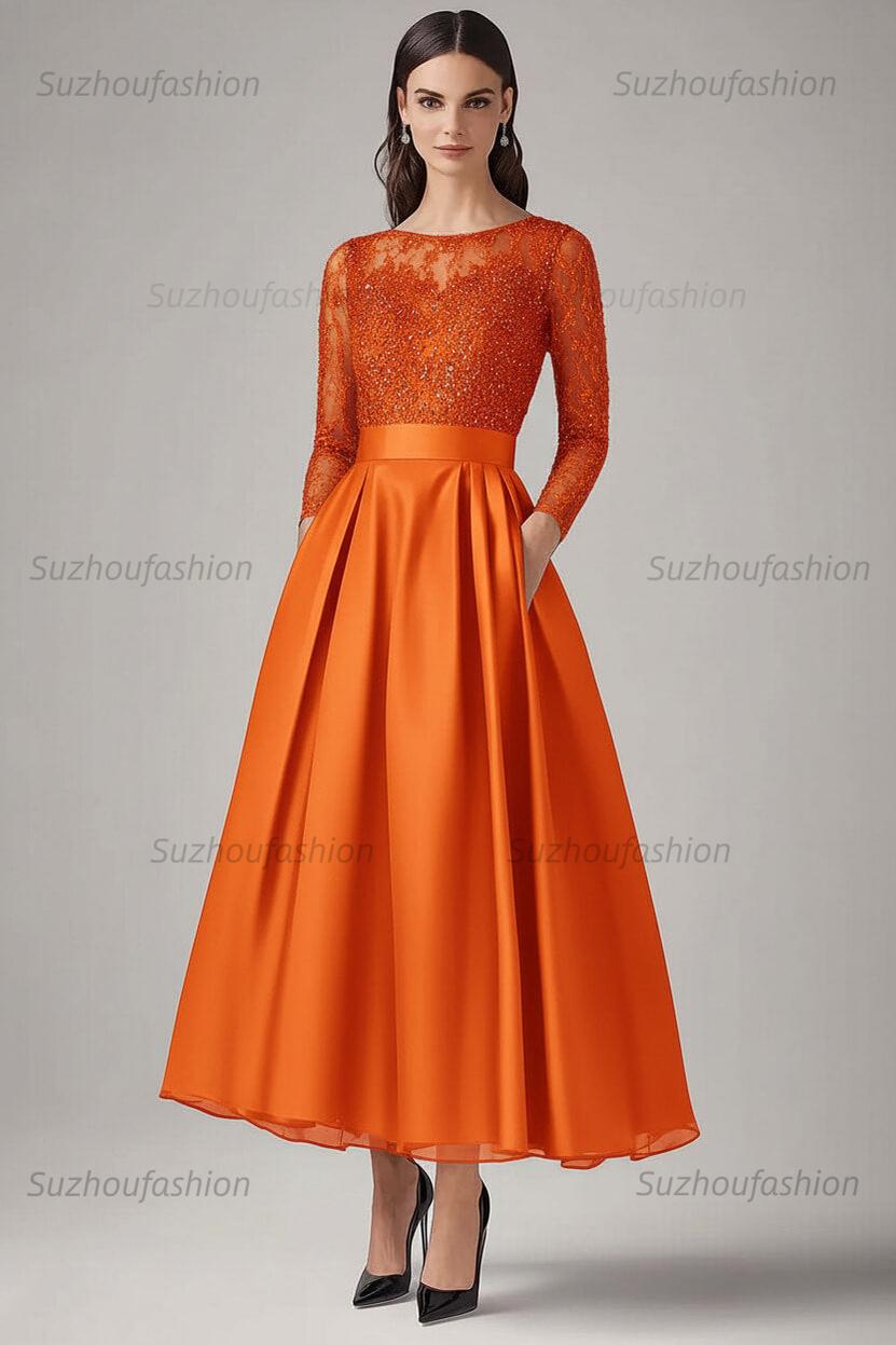 Navy Wedding Guest Dress Beaded A Line Long Sleeves Formal Dress With Lace