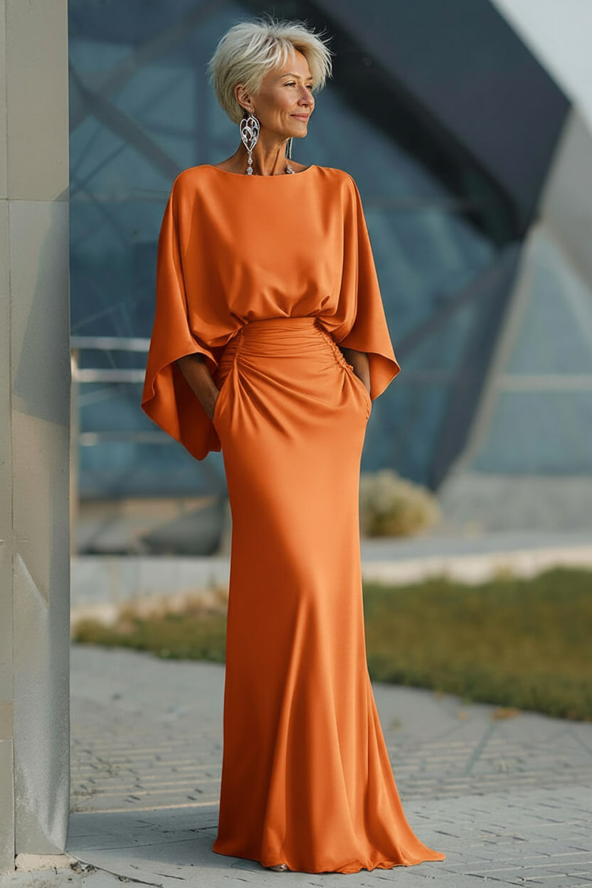 Navy Satin Mermaid Backless Long Mother Of The Bride Dress With Pockets