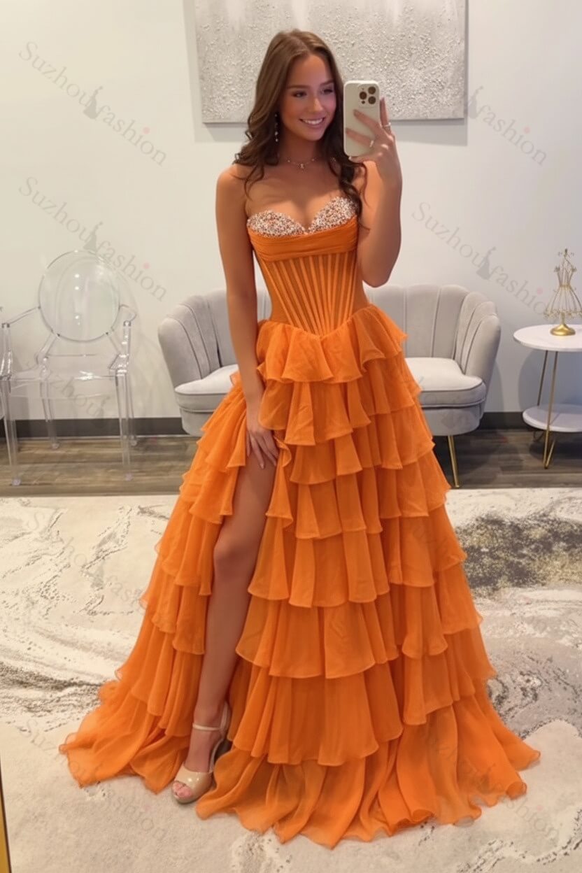 Ruffled Black Prom Dress A Line Corset Long Formal Dress With Beadings