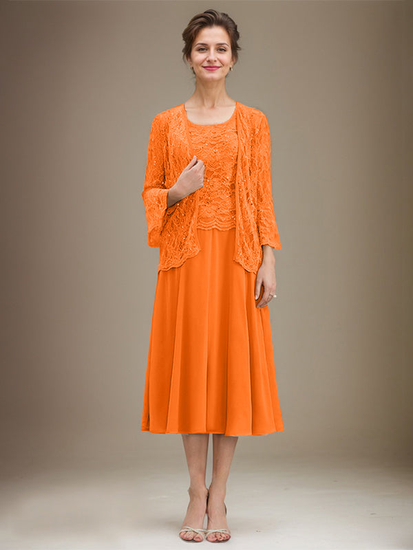 A-line Scoop Tea-Length Lace Chiffon Mother of the Bride Dress With Sequins