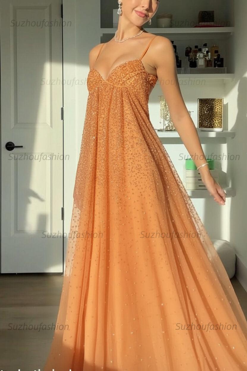 Suzhoufashion Bling A Line Spaghetti Straps Grey Blue Long Party Dress With Beading Formal Evening Gown
