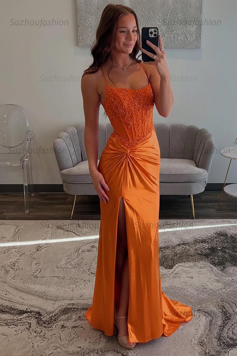 Red Prom Dress Spaghetti Straps Ruhed Long Lace Formal Dress With Appliques