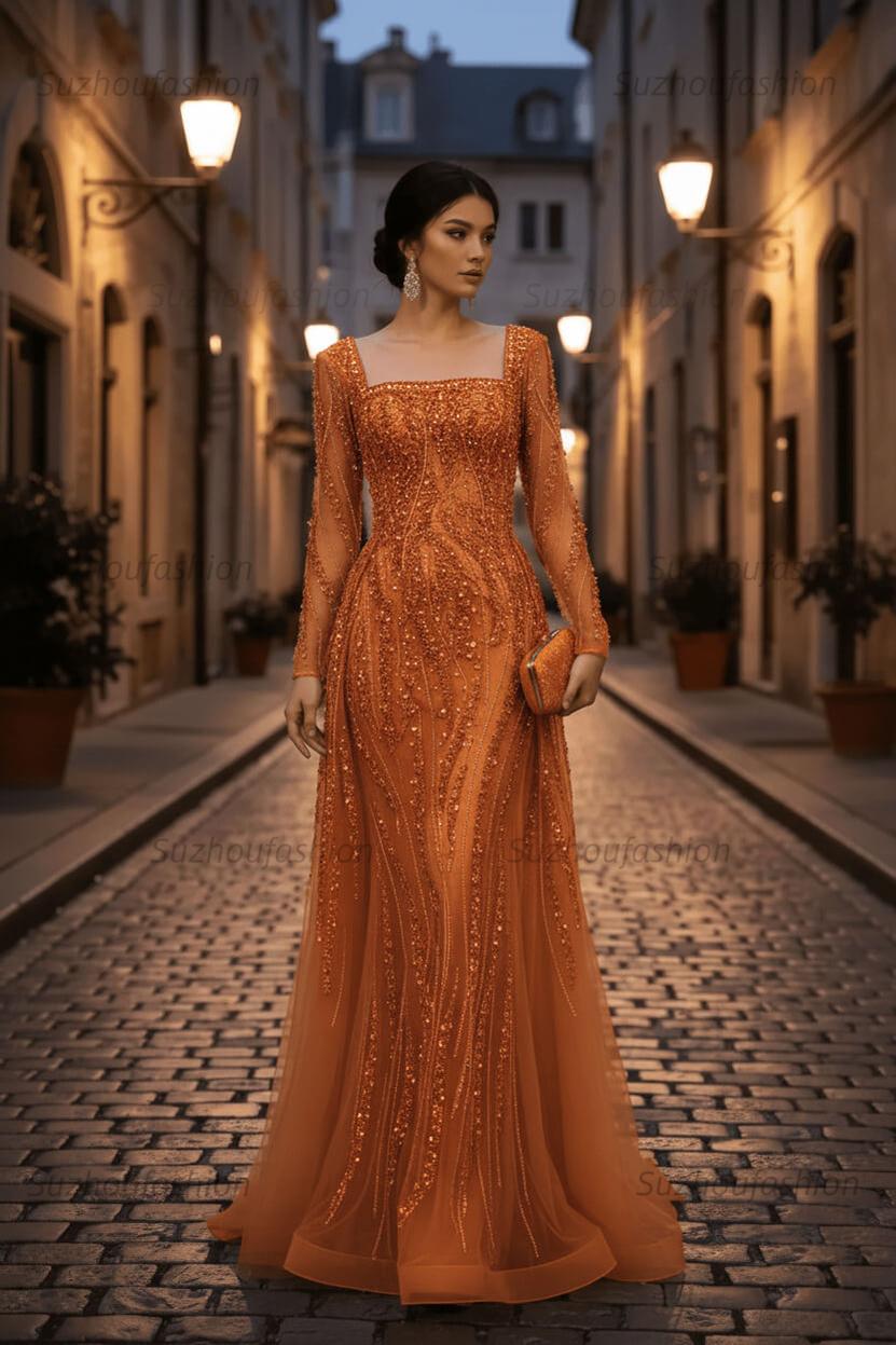 Square Neck Long Sleeves Long Mermaid Evening Formal Dress With Beading Tulle