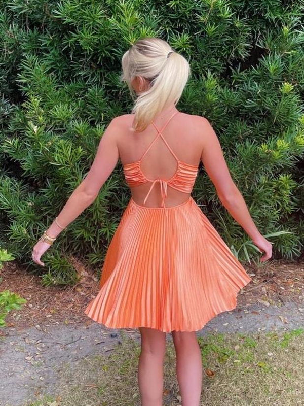 A Line Spaghetti Straps Pleated Short Homecoming Party Dress
