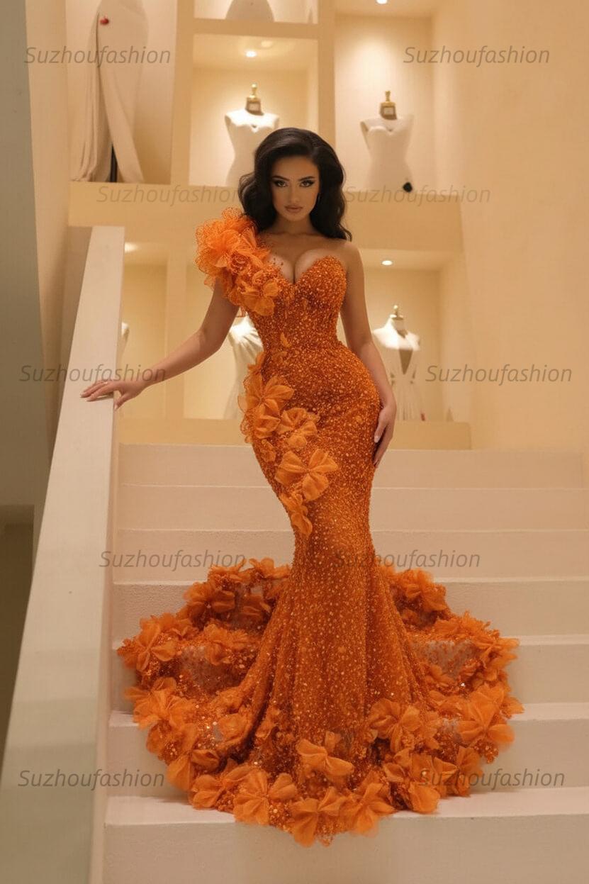 Burgundy One Shoulder Prom Dress Mermaid Sequined Formal Evening Dress with 3D Flowers