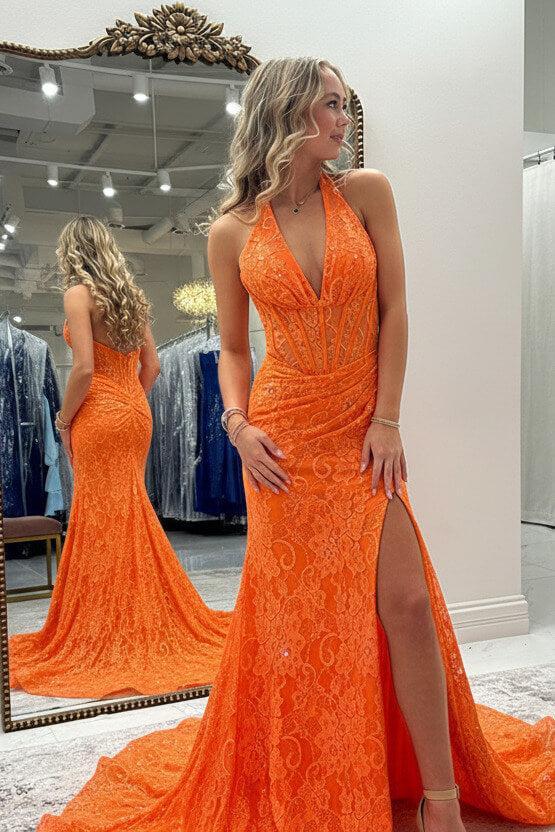 Halter Pink Prom Dress Long Lace Formal Dress With Slit