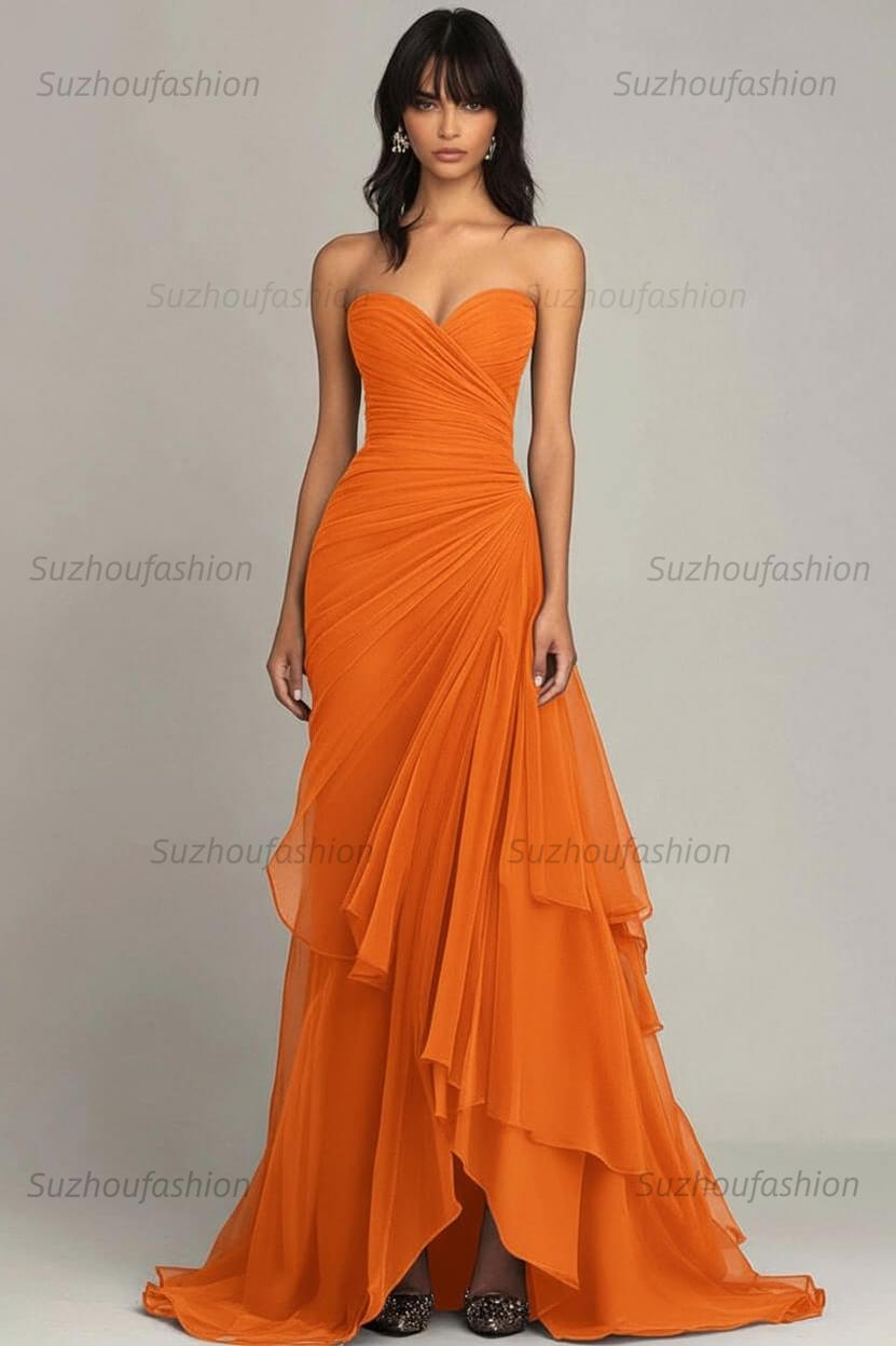 Elegant Sweetheart Ruched Dark Brown Long Formal Dress With Ruffles