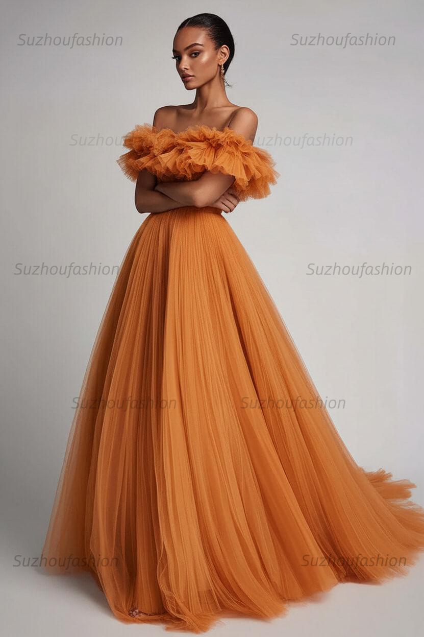Dusty Sage Prom Dress Tulle A Line Long Formal Dress With Ruffles