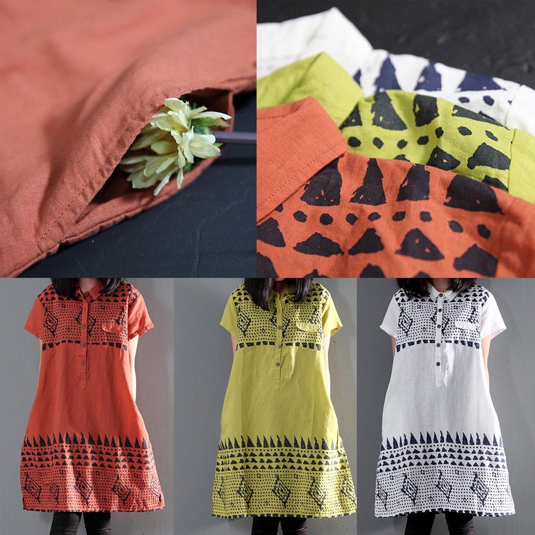 Orange print floral linen shift dress summer shirt dresses plus size
