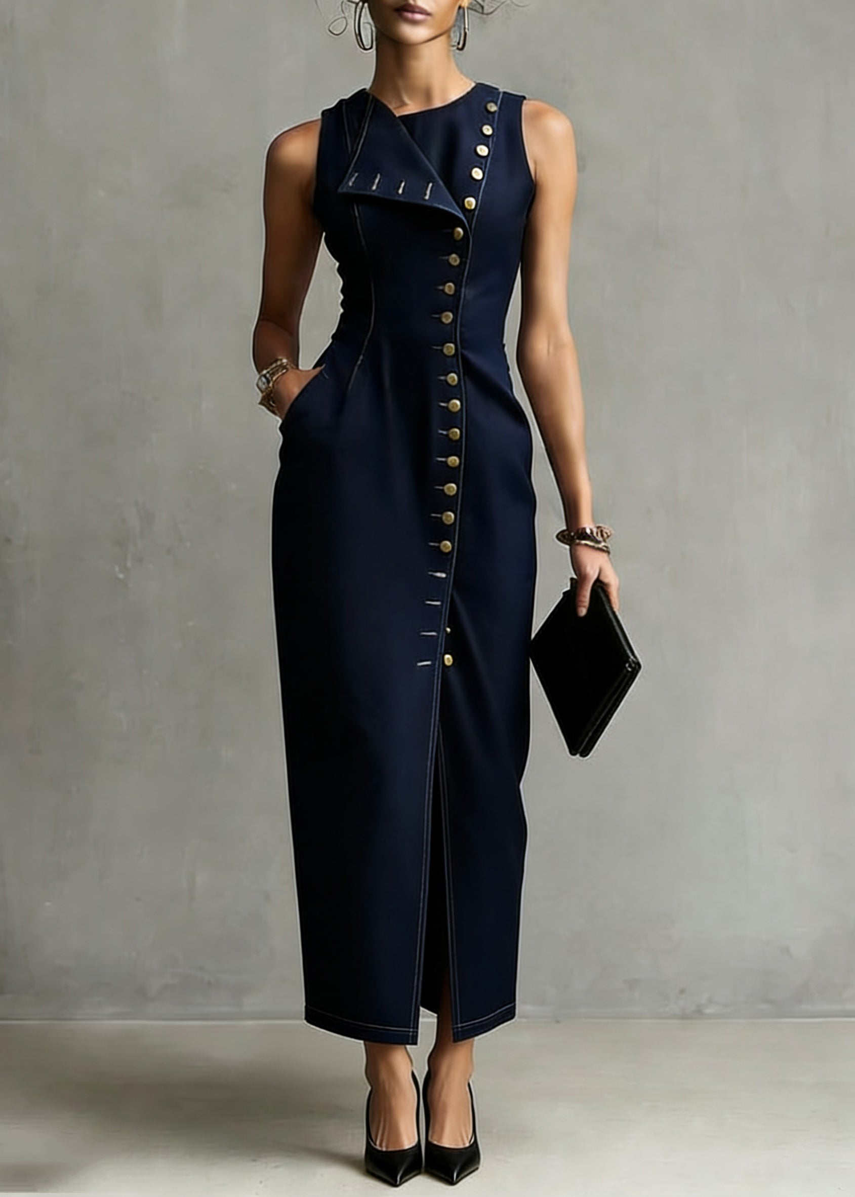 Organic Dark Blue Asymmetrical Pocket Denim Maxi Dress Sleeveless