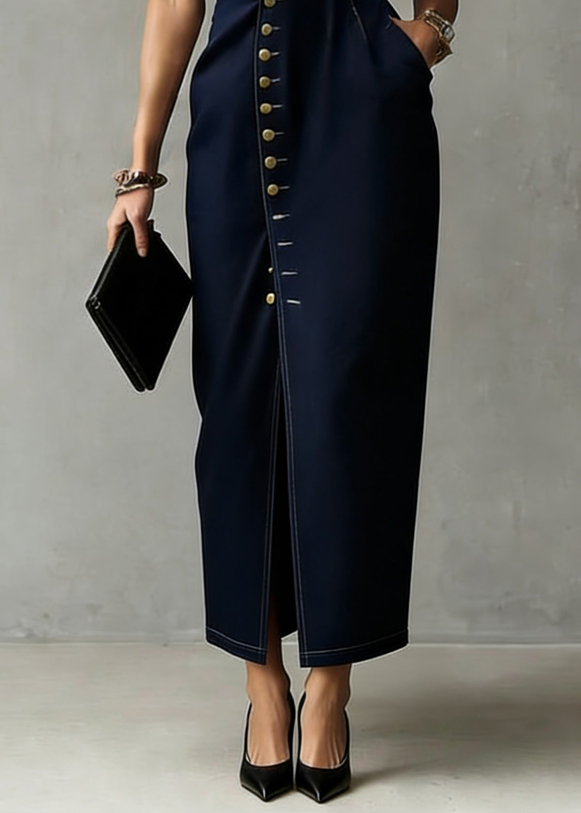Organic Dark Blue Asymmetrical Pocket Denim Maxi Dress Sleeveless