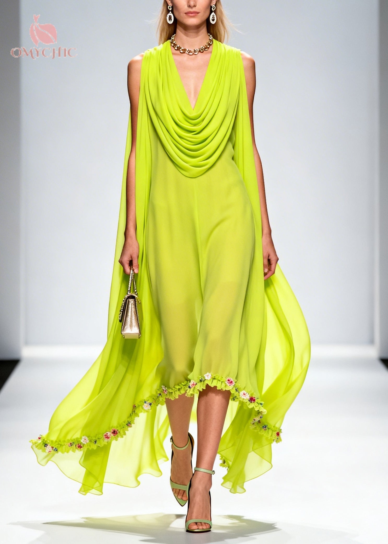 Organic Fluorescent Green Turtle Neck Floral Chiffon Long Dresses Summer