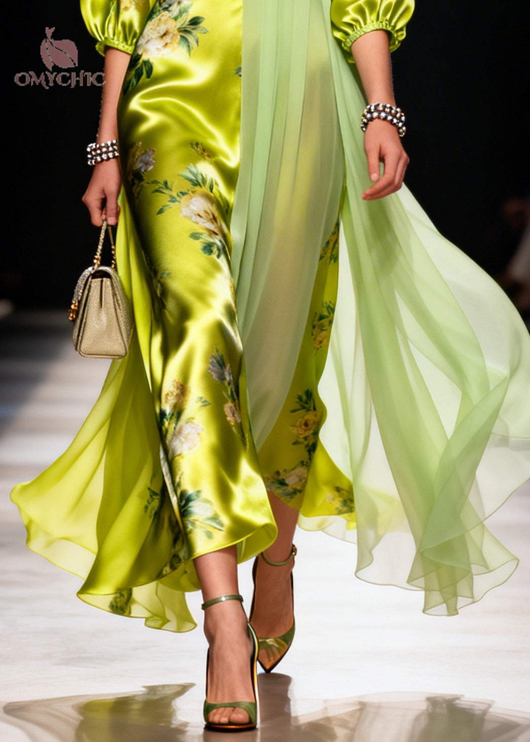 Organic Grass Green Asymmetrical Patchwork Silk Ankle Dress Summer