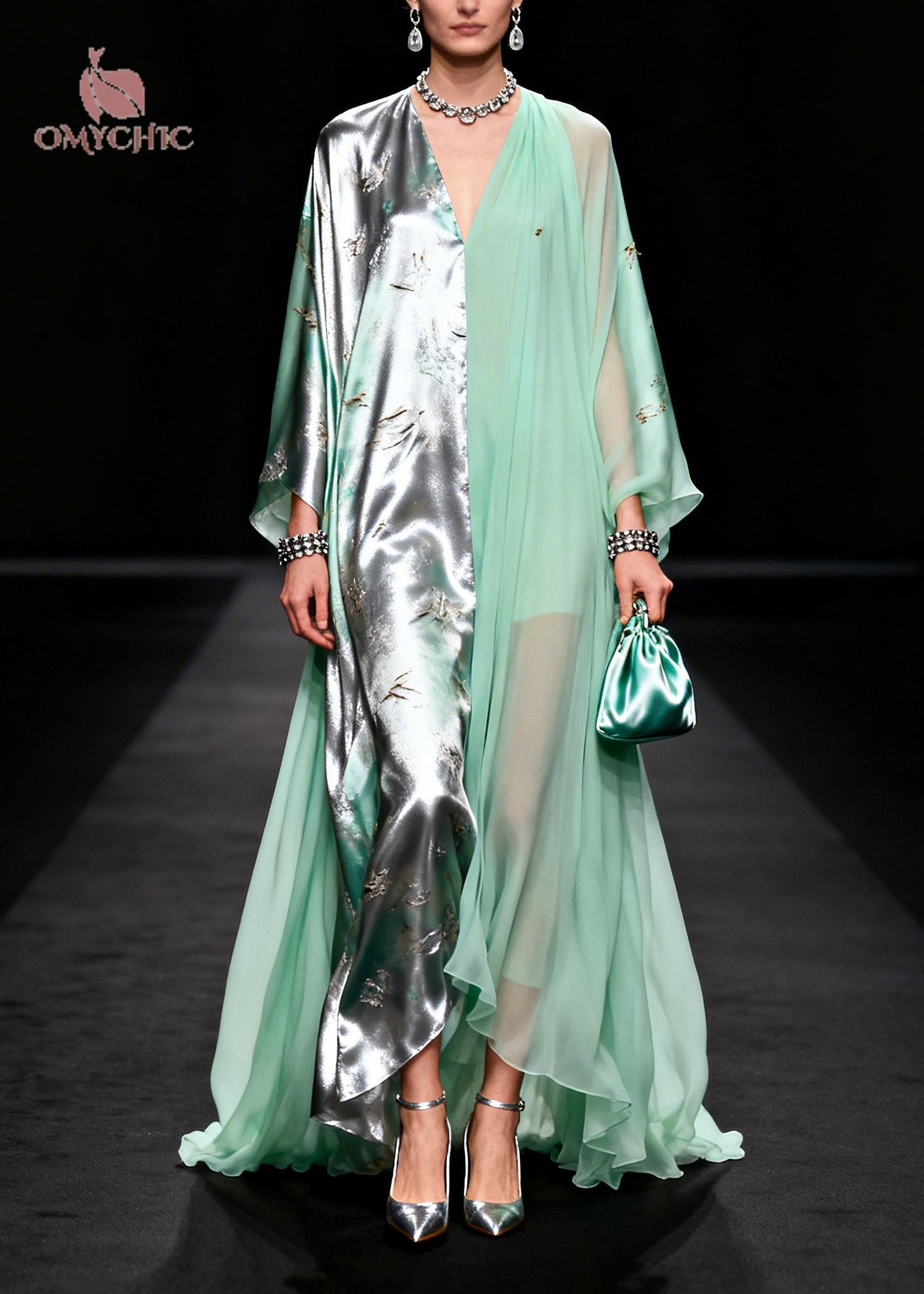 Organic Green Asymmetrical Patchwork Exra Large Hem Chiffon Party Dress Summer
