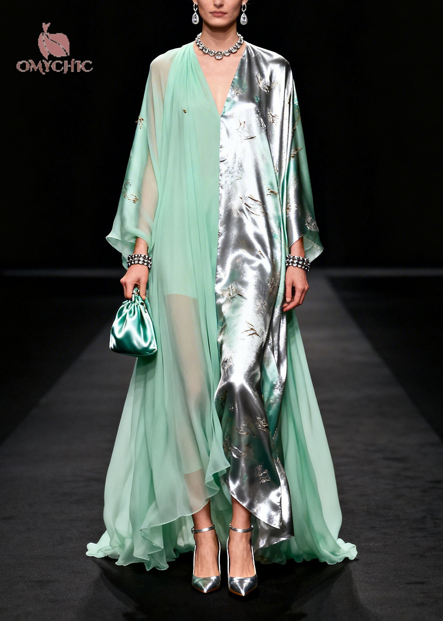 Organic Green Asymmetrical Patchwork Exra Large Hem Chiffon Party Dress Summer