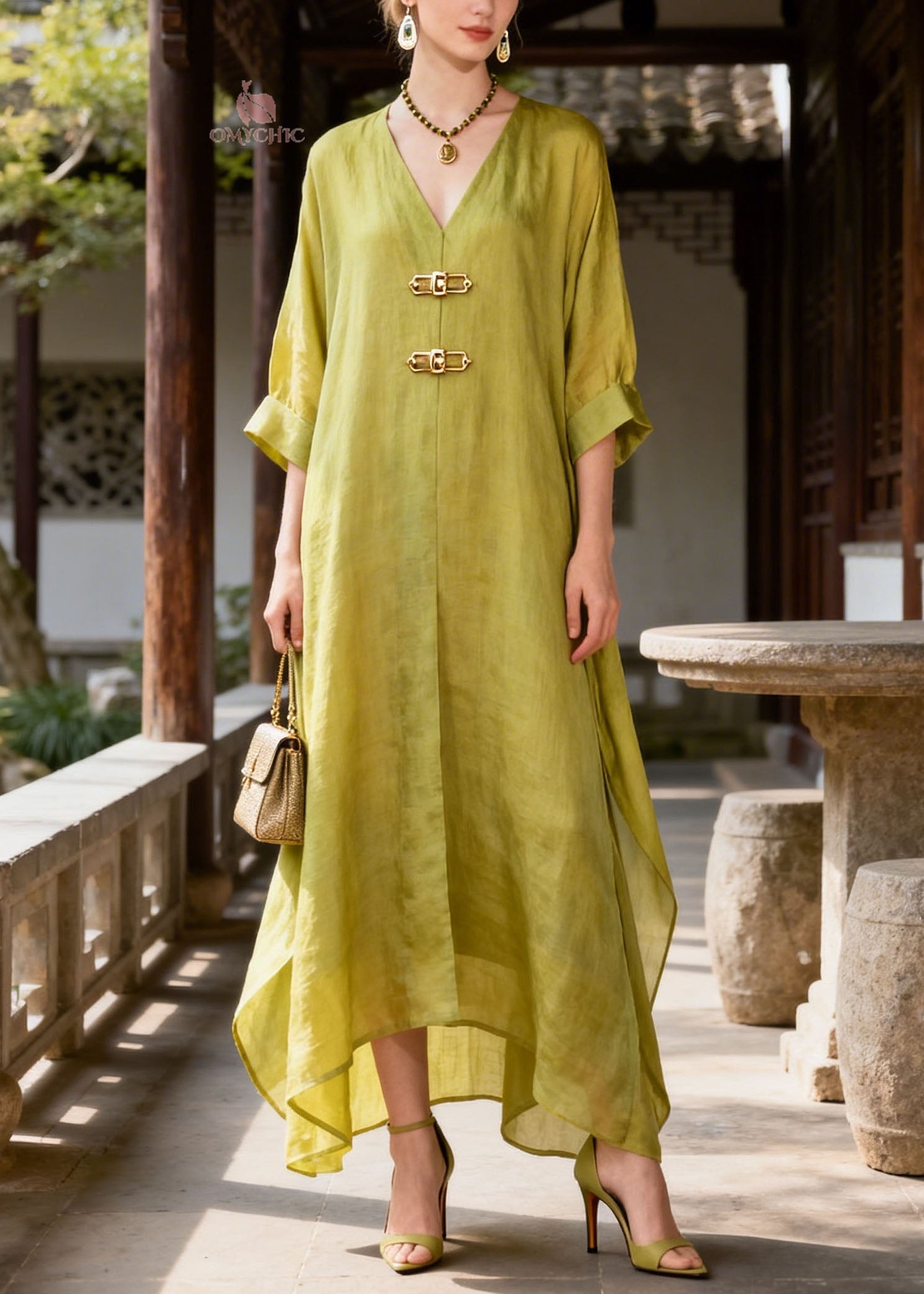 Organic Green V Neck Patchwork Cotton Long Dresses Summer