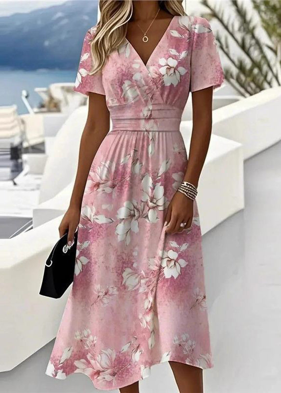 Organic Pink V Neck Print Chiffon Vacation Dresses Summer