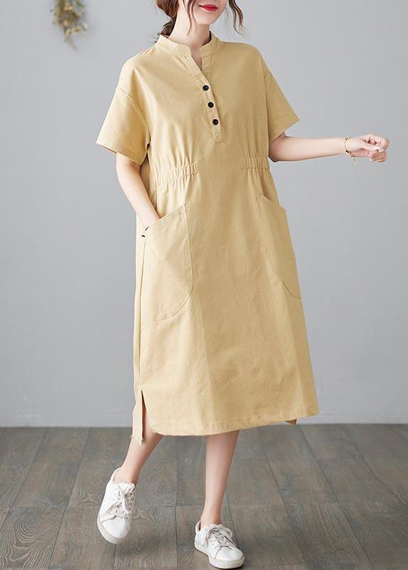 Organic Yellow Cinched Pockets Summer Cotton Dress