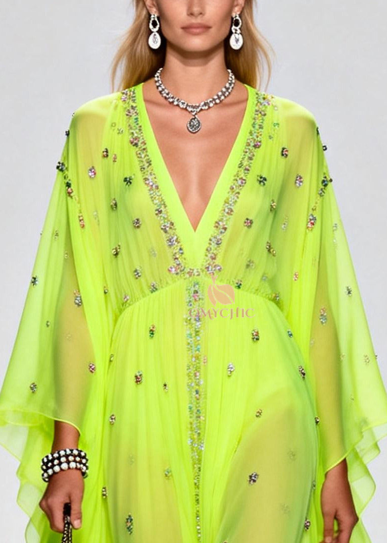 Original Design Fluorescent Green Rhinestone Exra Large Hem Chiffon Party Dresses Summer