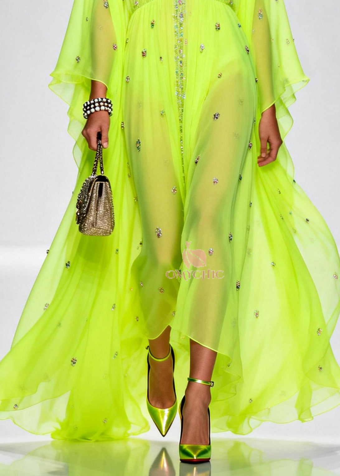 Original Design Fluorescent Green Rhinestone Exra Large Hem Chiffon Party Dresses Summer