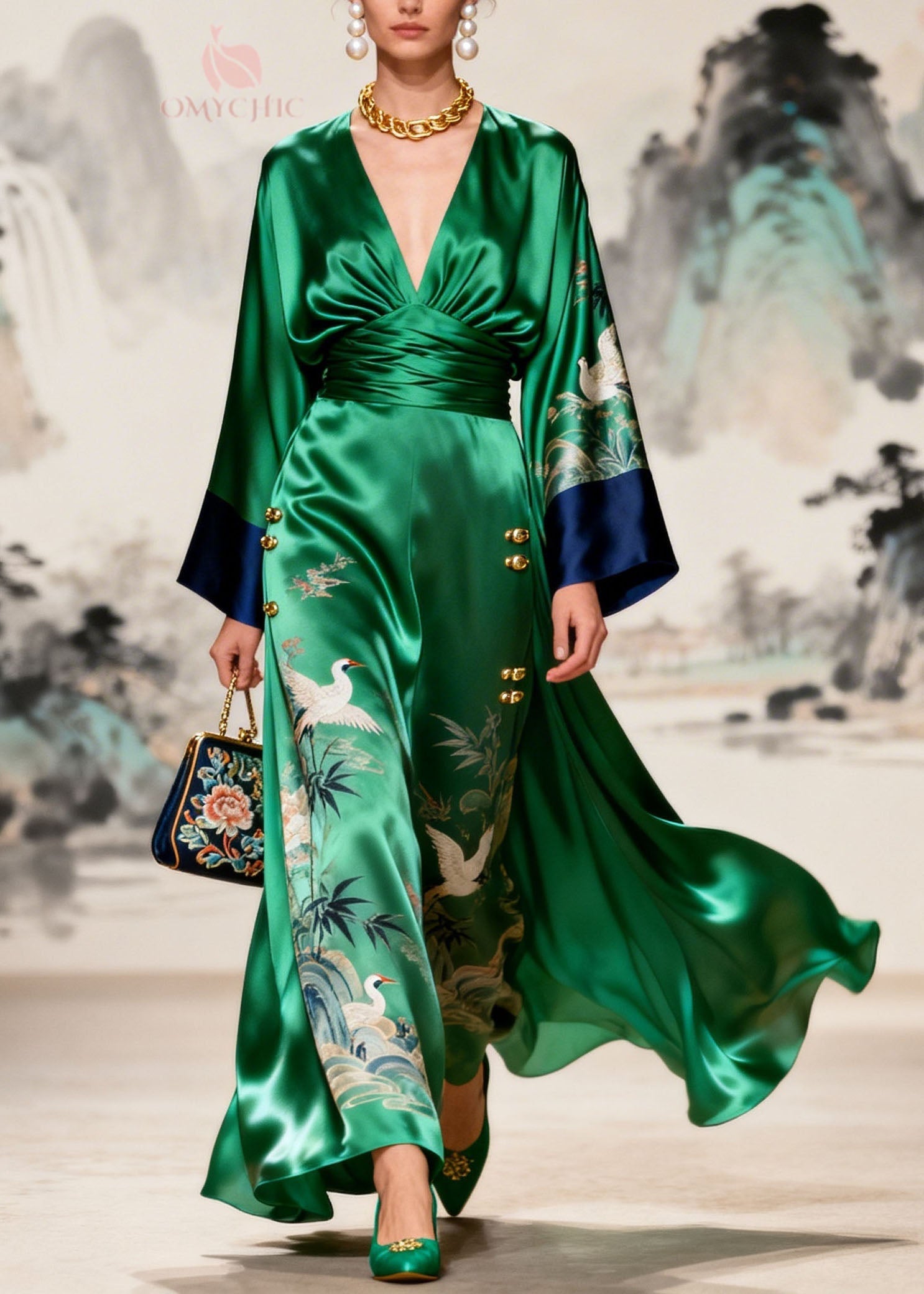 Original Design Green V Neck Print Silk Dresses Long Sleeve