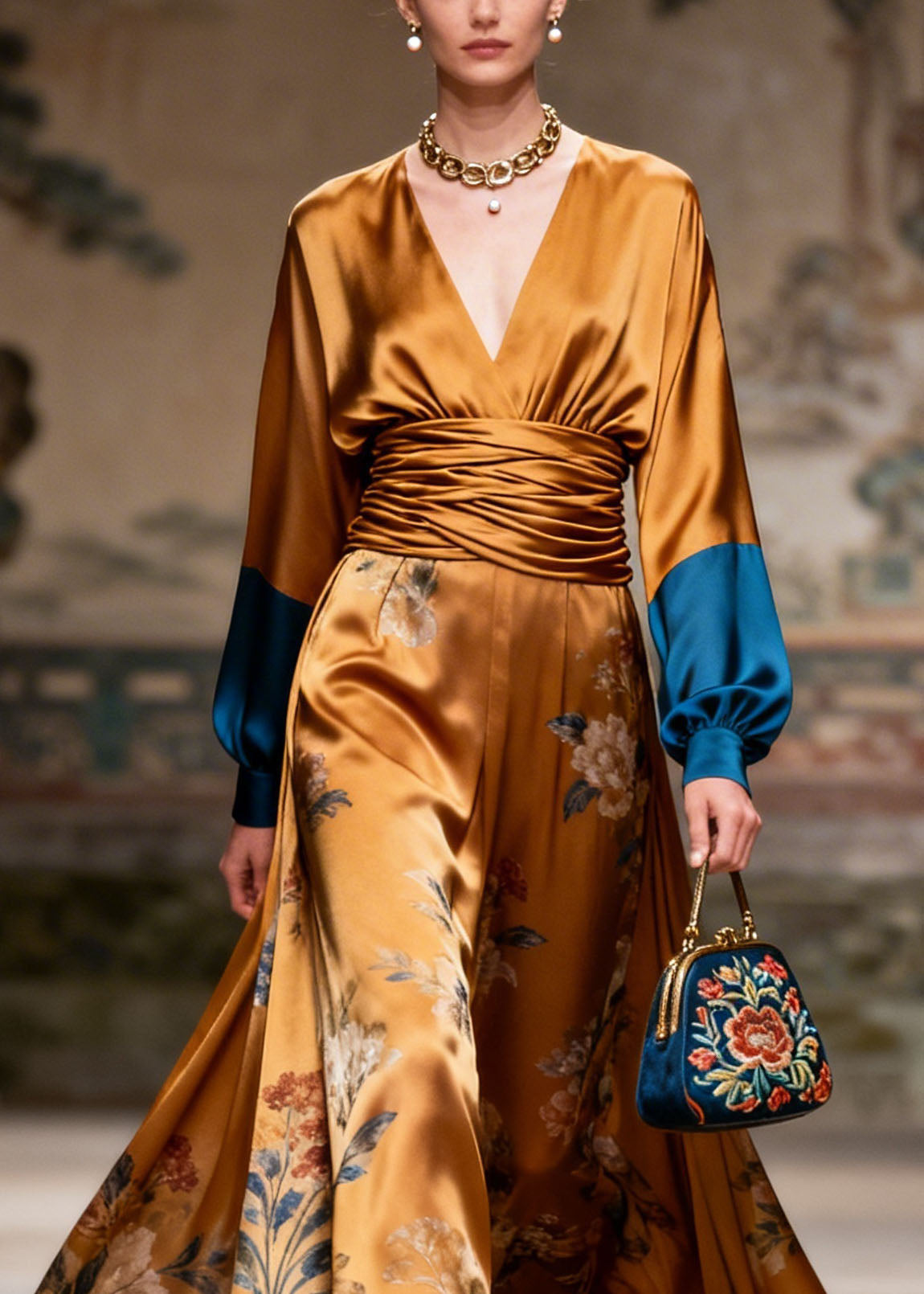 Original Design V Neck Print Patchwork Silk Long Dress