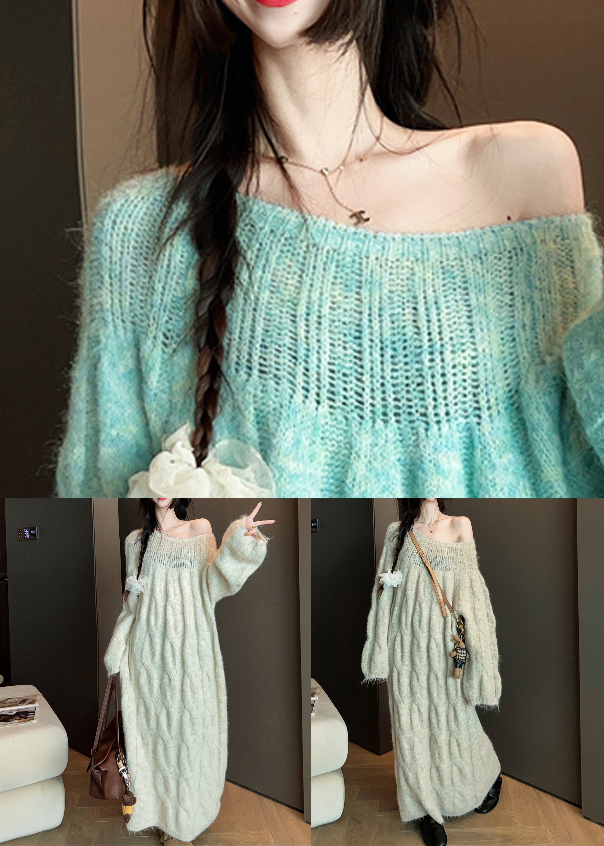 Original Khaki O Neck Hollow Out Solid Knit Sweater Dress
