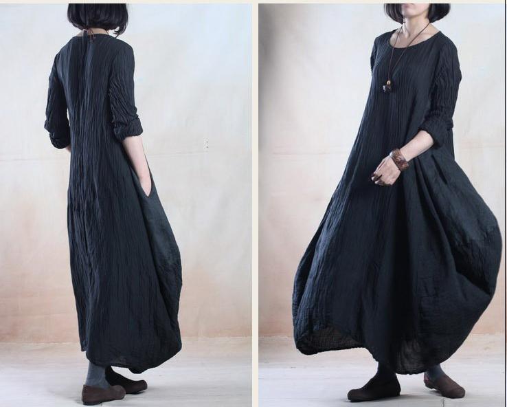 Oversize black linen maxi dress long holiday causal dress