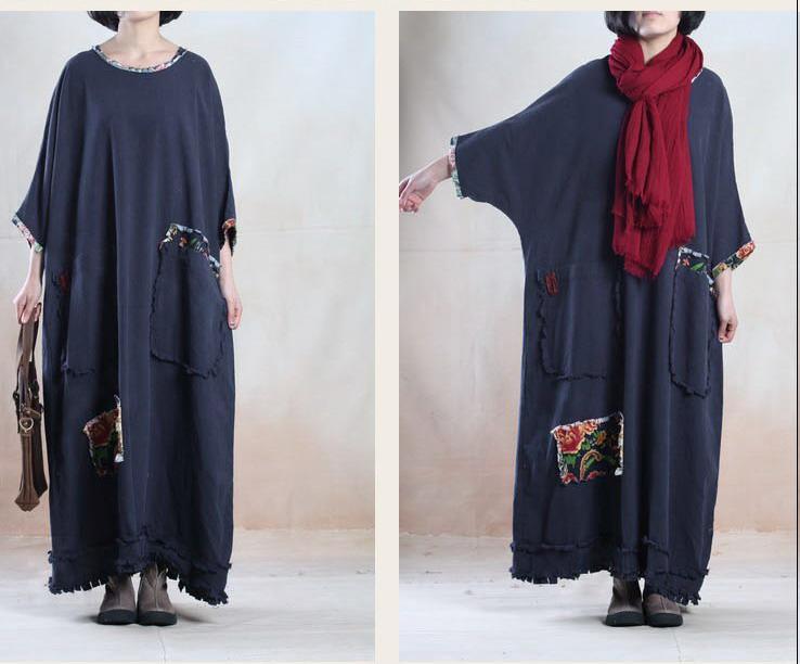 Oversize navy linen maxi dress plus size linen sundress - travel alone
