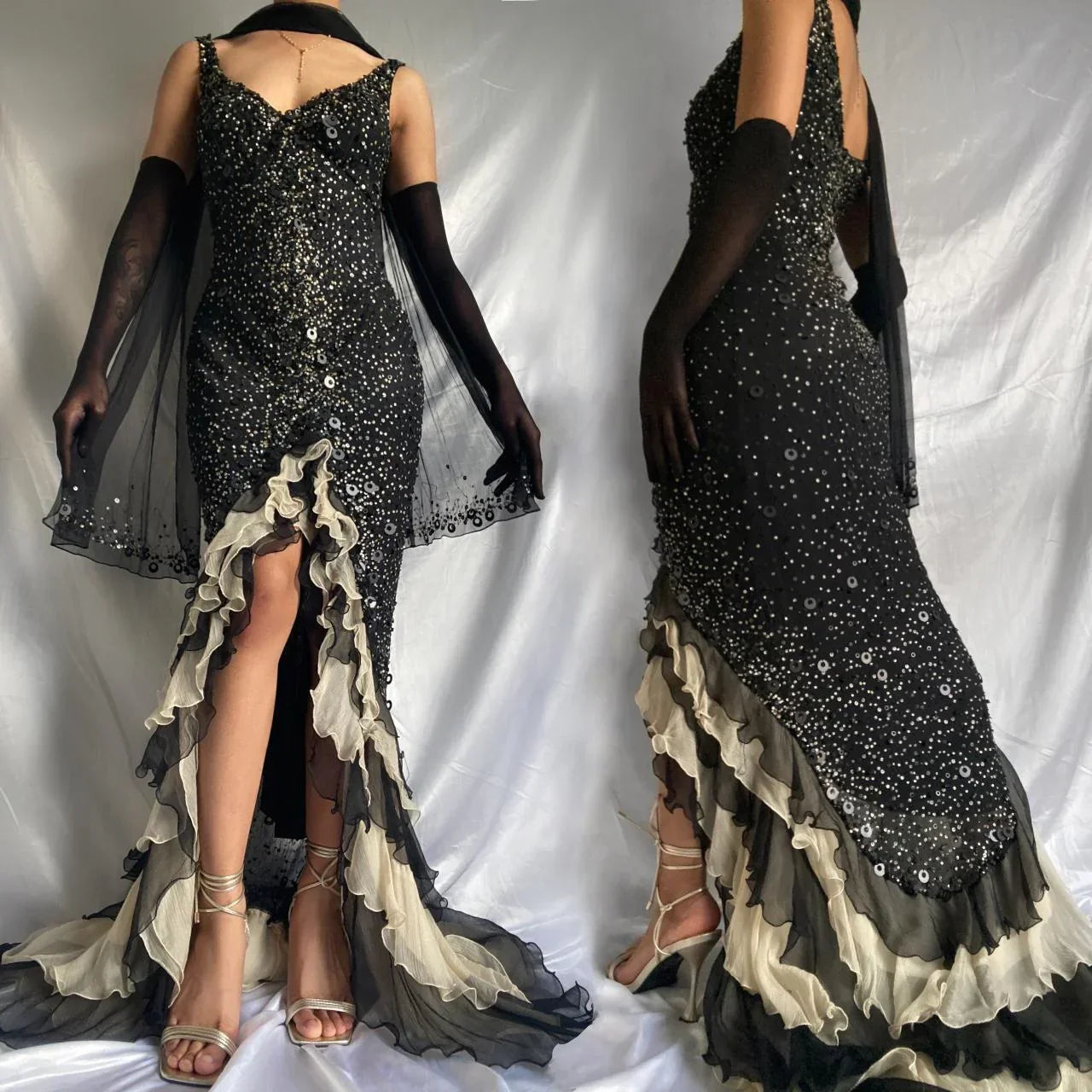 Sparkly Sequins Beaded Ruffles Mermaid Prom Dress Black Party Evening Dress