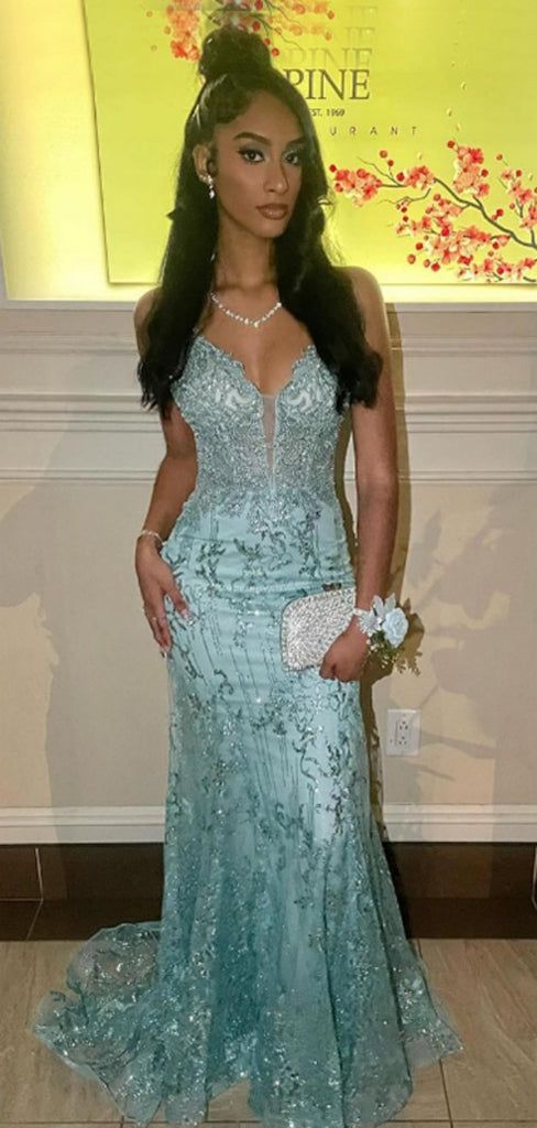 Elegant Mint Green Mermaid Deep V Backless Mesh Sequin Long Prom Dress Evening Dress - VelvetHem