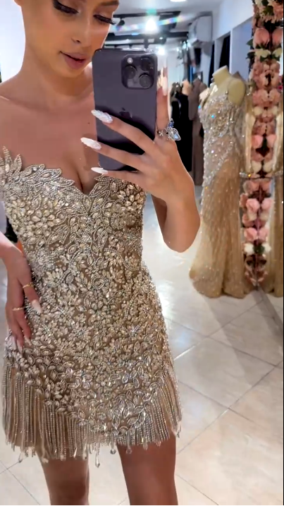 Gorgeous Silver Rhinestone Bandeau V-Neck Tassel Slim Birthday Homecoming Dress - View 5 | VelvetHem