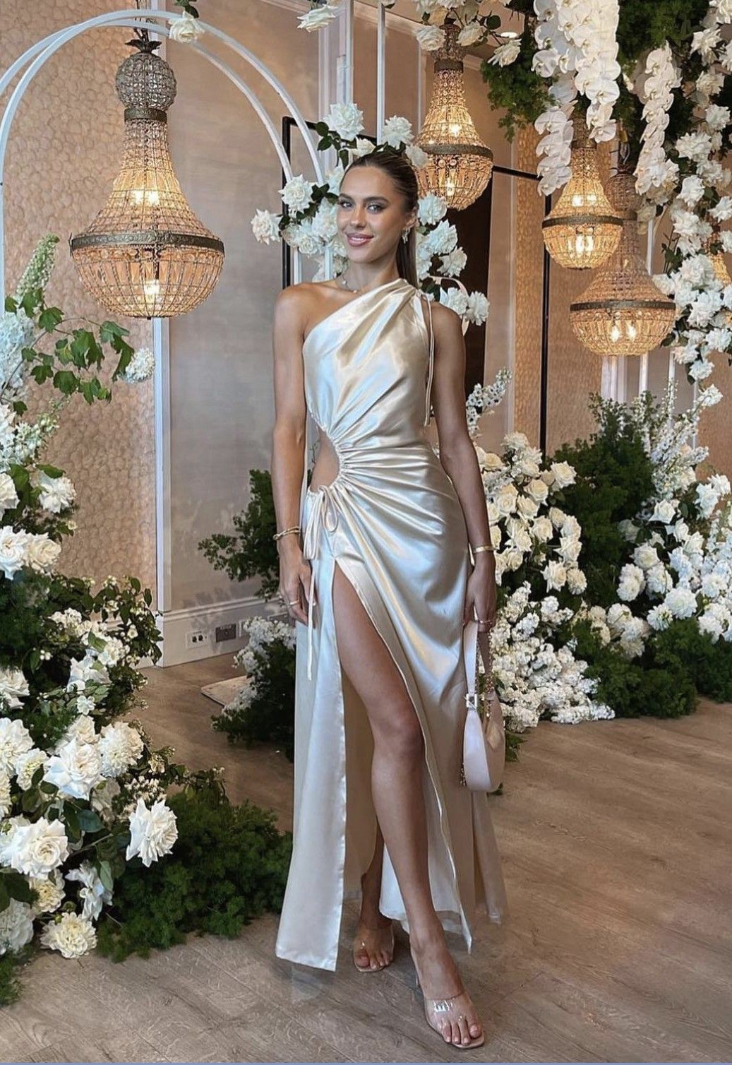 Elegant Champagne One-shoulder Pleated High Slit Satin Prom Dress Evening Dress - View 2 | VelvetHem