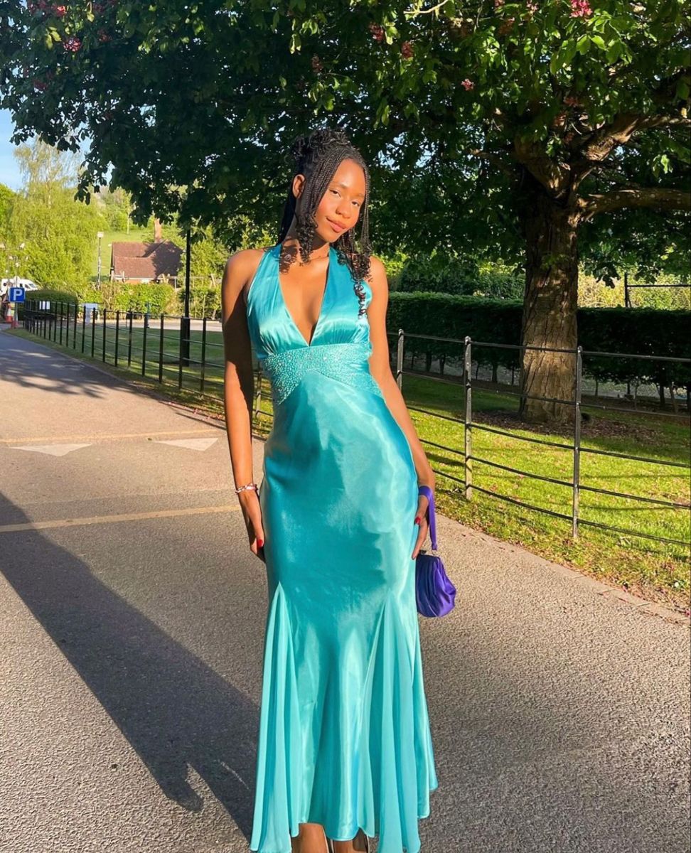 Elegant Turquoise Mermaid Halterneck Deep V-neck Satin Long Prom Dress Evening Dress - VelvetHem