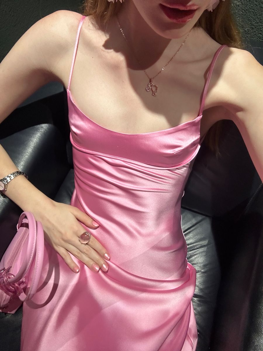 Simple Pink Slim Fit Strap Square Neck Satin Long Prom Dress Bridesmaid Dress