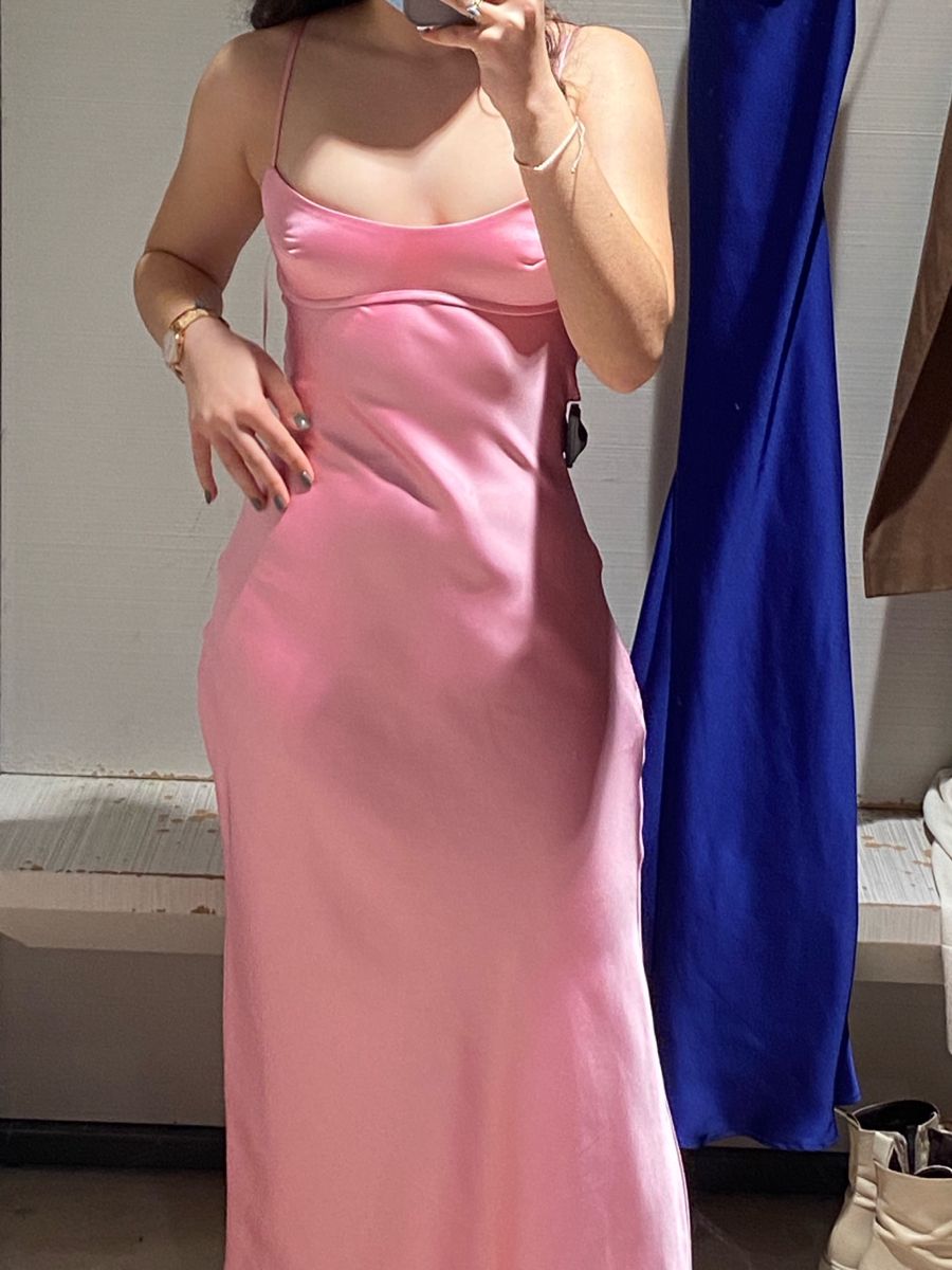 Simple Pink Slim Fit Strap Square Neck Satin Long Prom Dress Bridesmaid Dress