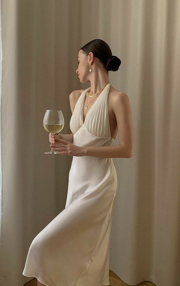 Elegant Ivory White Slim Halter Neck Deep V neck Satin Prom Dress Evening Dress - VelvetHem