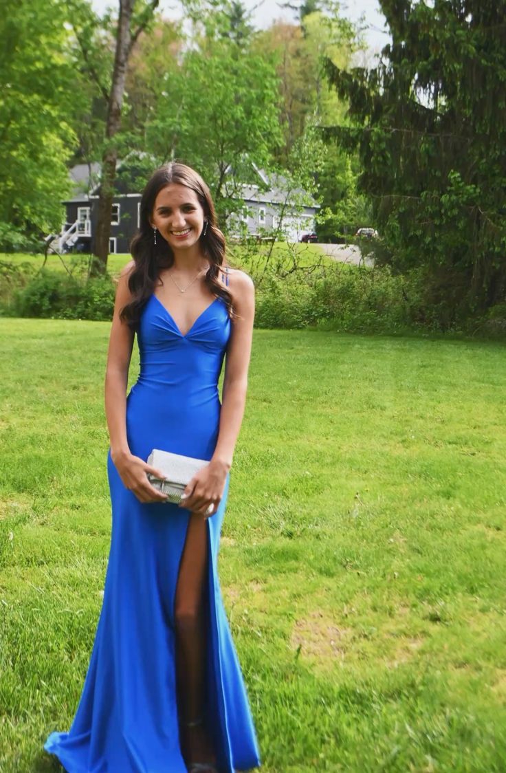 Elegant Royal Blue Mermaid Deep V Strap High Slit Satin Long Prom Dress Evening Dress - VelvetHem