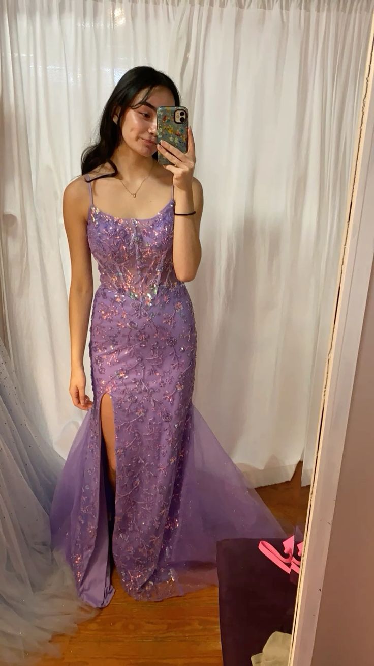 Gorgeous Purple Mermaid Spaghetti Strap Sequin Embroidery Slit Long Prom Dress Evening Dress - View 2 | VelvetHem
