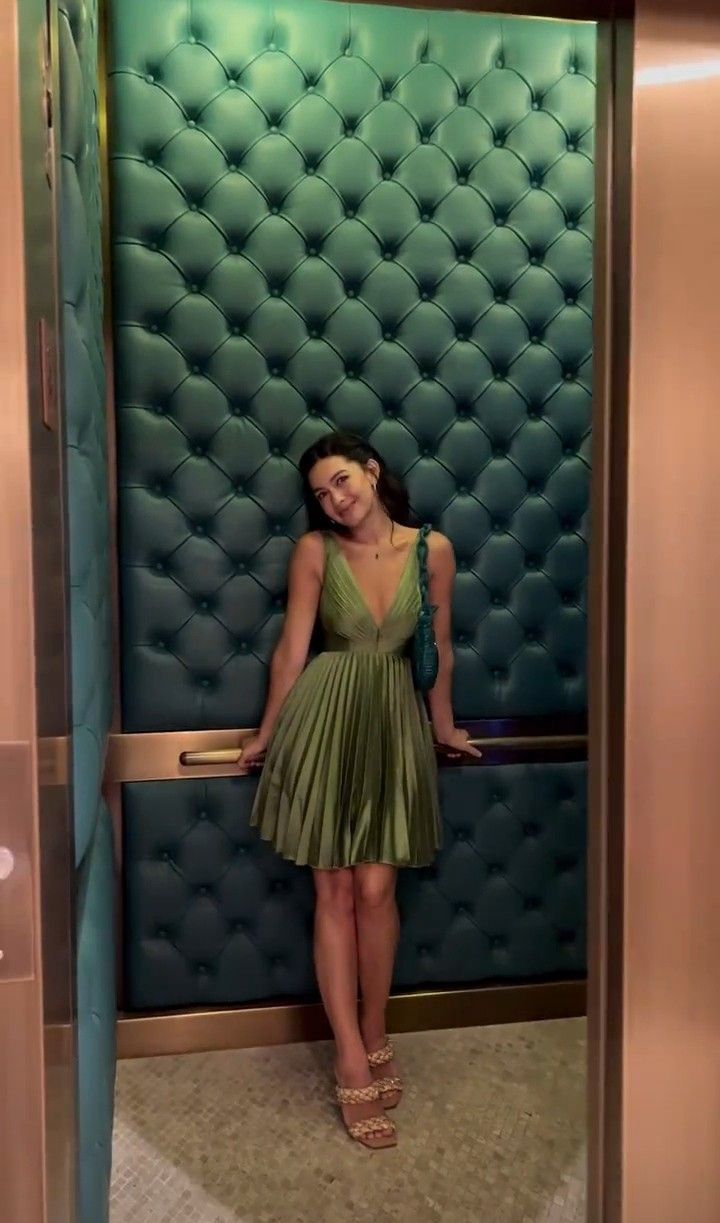 Elegant Olive Green Deep V Neck Pleated Satin A-Line Birthday Dress Homecoming - View 2 | VelvetHem