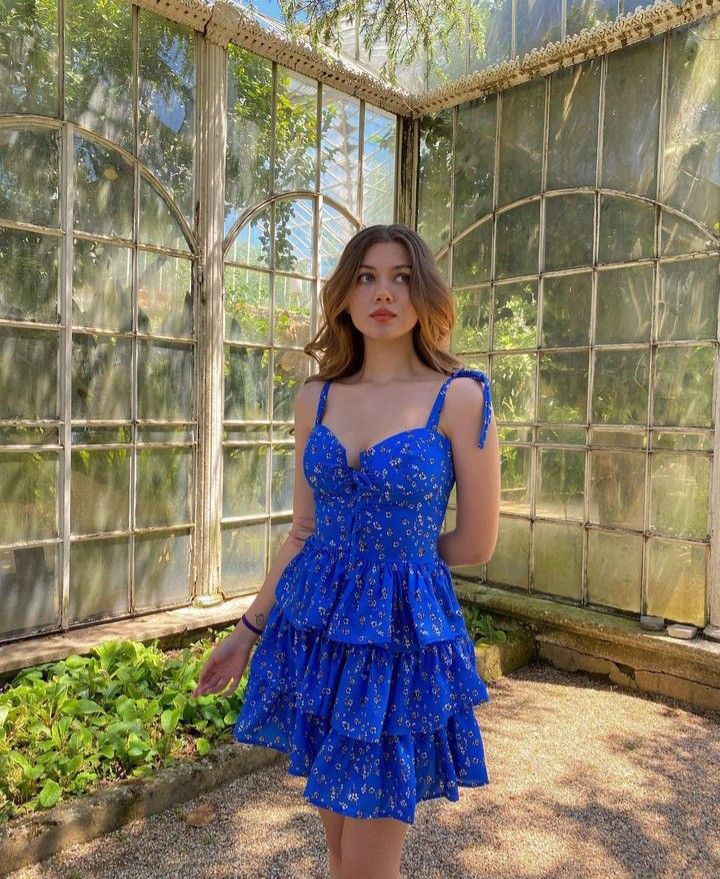 Sweet Blue Floral Suspender Layered A-line 16th Birthday Homecoming Dress - View 4 | VelvetHem