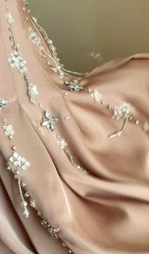 Vintage Pink Square Neck Wide Shoulder Strap Sequin Embroidered Satin Birthday Party Homecoming Dress - View 4 | VelvetHem