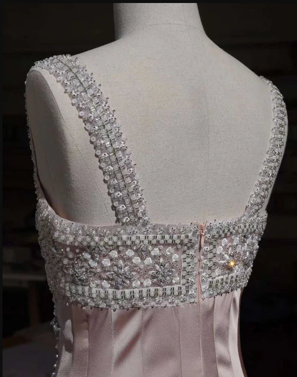 Vintage Pink Square Neck Wide Shoulder Strap Sequin Embroidered Satin Birthday Party Homecoming Dress - View 9 | VelvetHem