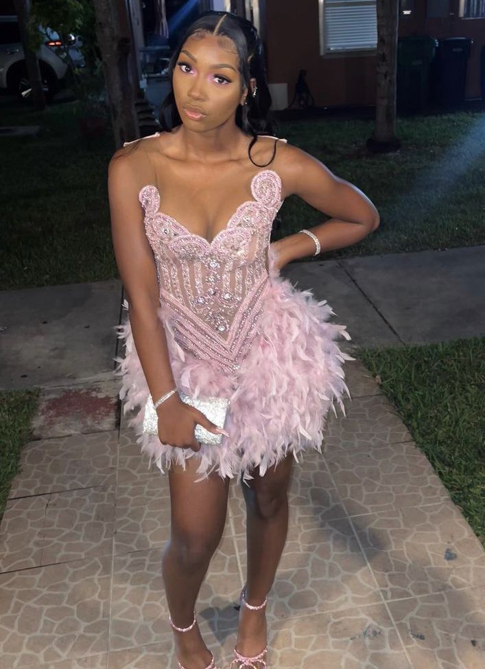 Gorgeous Pink Rhinestone Embroidered Feather Skirt 16th Birthday Homecoming Dress