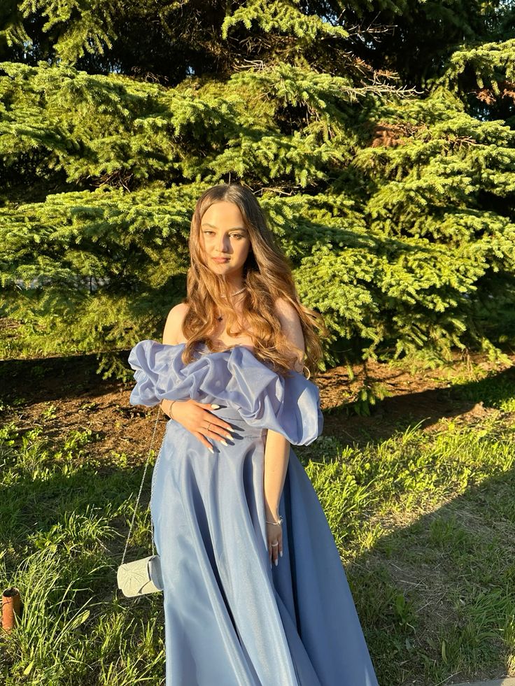 Beautiful Hazy Blue A-line Ruffled Puff Sleeve Off-shoulder Slit Organza Long Prom Dress Evening Dress - View 3 | VelvetHem