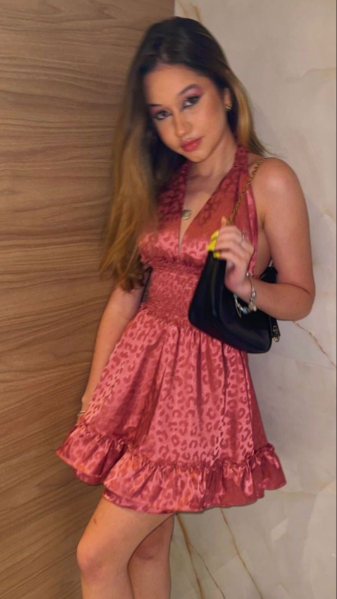Retro Pink Leopard Print Halter Neck Deep V Neck Satin Birthday Party Homecoming Dress - VelvetHem