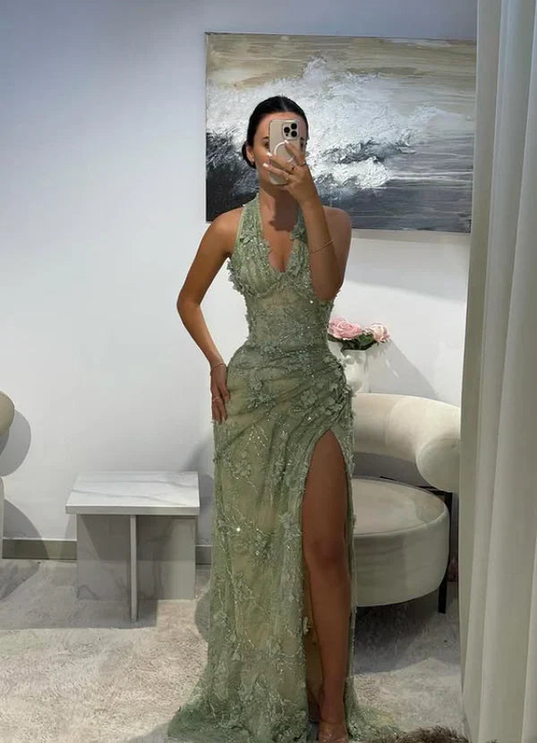 Gorgeous Green Mermaid 3D Floral Halter Neck Deep V-neck Mesh Slit Long Prom Dress Evening Dress - View 4 | VelvetHem