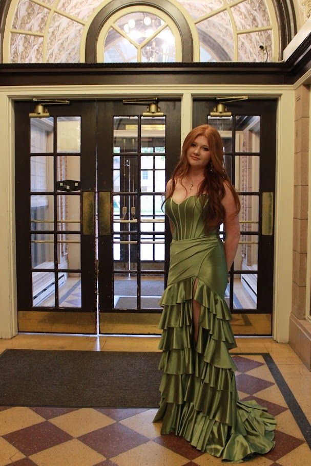 Elegant Green Mermaid Layered Ruffled Strapless Satin Slit Long Prom Dress Evening Dress - VelvetHem