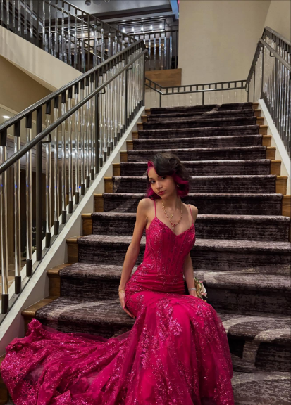Gorgeous Rose Red Mermaid Trail Deep V Strap Sequined Long Prom Dress Evening Dress - View 5 | VelvetHem
